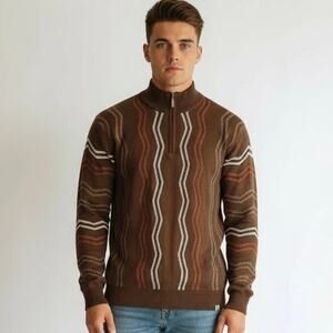 Stacy Adams Men's Pullover Sweater Brown Striped Zip-Neck Size XL